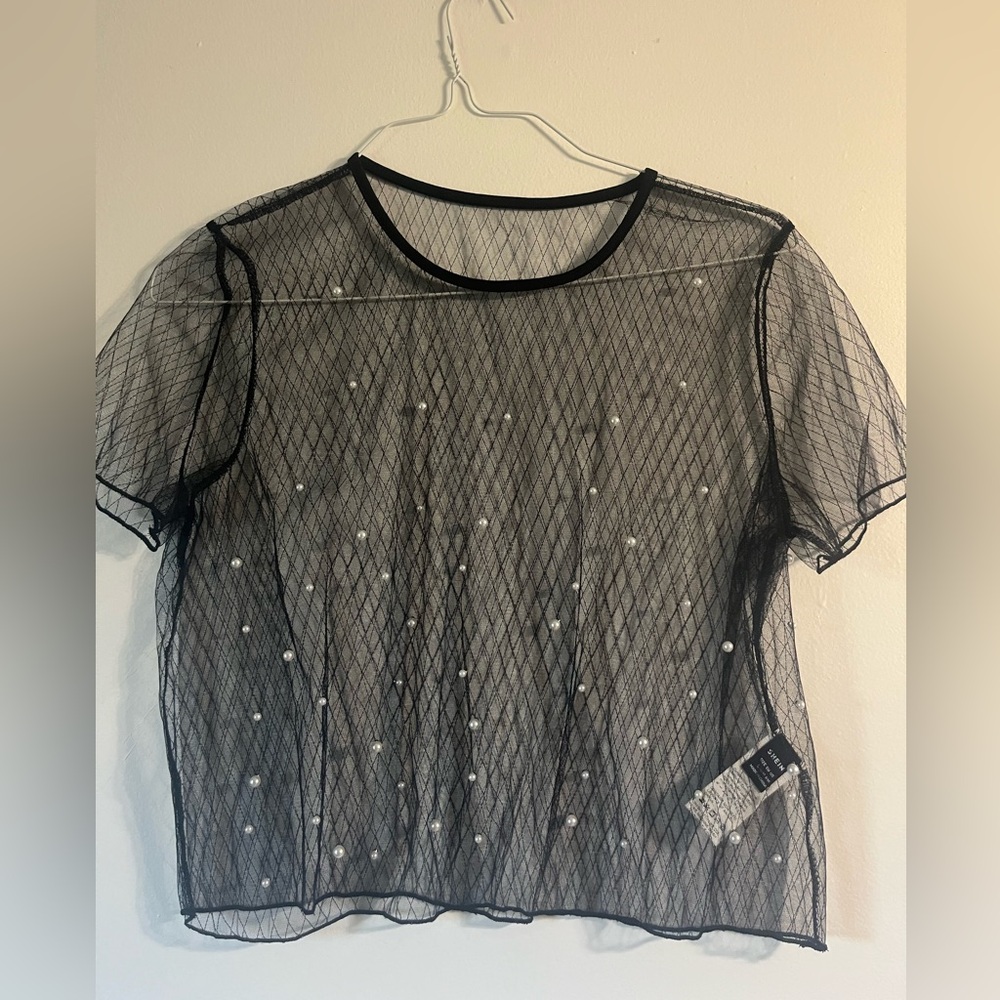 SHEIN Black Mesh Blouse with Pearl Details